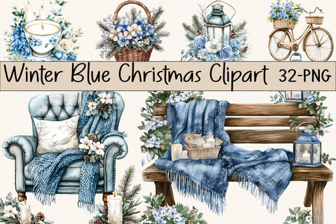 Winter Blue Christmas Clipart PNG Bundle Bundle. Sublimation SVGArt 
