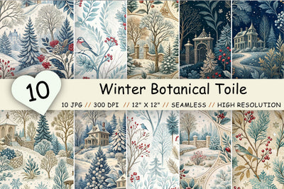 Winter Botanical Toile Digital Paper, Seamless Watercolor Pattern Bundle, Printable Scrapbook Paper, Dusty Blue Botanical Design Collection Digital Pattern FloridPrintables 