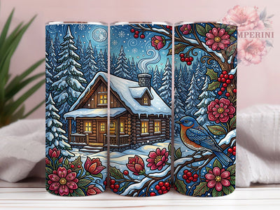 Winter Cabin Bluebird 20oz Tumbler, Winter Cabin, Bluebird Tumbler, Cabin Bluebird, Winter Bluebird, Bluebird PNG, Winter Cabin PNG, 20oz Tumbler Wrap Sublimation Li Zamperini 