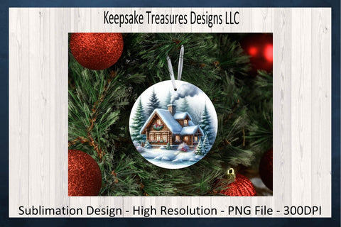 Winter Cabin In The Woods, Christmas Tree Ornaments, Winter Coaster, Sublimation PNG Sublimation Keepsake Treasures Designs LLC. 