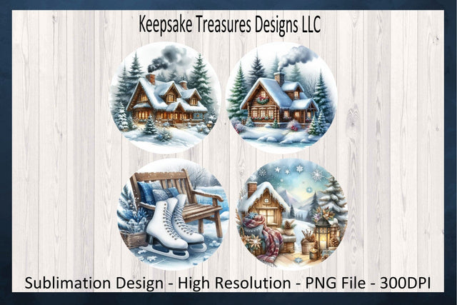 Winter Cabin In The Woods, Christmas Tree Ornaments, Winter Coaster, Sublimation PNG Sublimation Keepsake Treasures Designs LLC. 