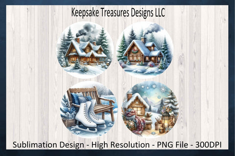 Winter Cabin In The Woods, Christmas Tree Ornaments, Winter Coaster, Sublimation PNG Sublimation Keepsake Treasures Designs LLC. 