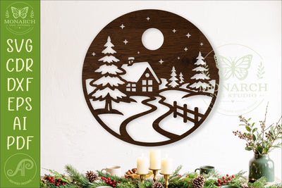 Winter Cabin SVG Snowy Forest Scene Christmas Decor Rustic SVG APInspireddesigns 