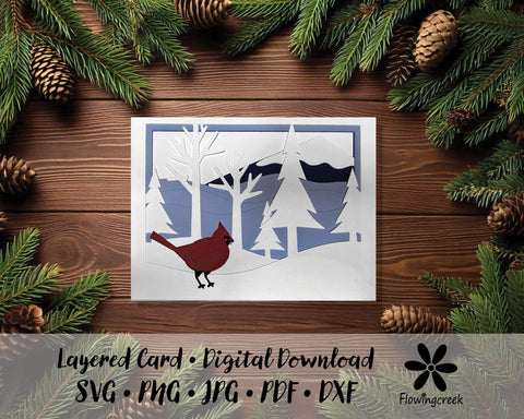 Winter Cardinal Layered Card SVG Cut File 3D Paper Flowingcreek 