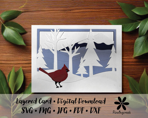 Winter Cardinal Layered Card SVG Cut File 3D Paper Flowingcreek 