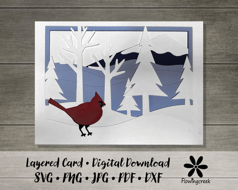 Winter Cardinal Layered Card SVG Cut File 3D Paper Flowingcreek 