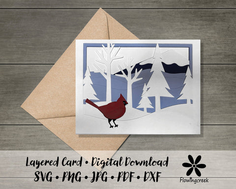 Winter Cardinal Layered Card SVG Cut File 3D Paper Flowingcreek 