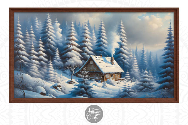 Winter Christmas Frame Tv Art, cottage in the forest Digital Pattern Artisan Craft SVG 