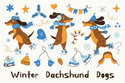 Winter Dachshund Dogs on Ice Skates PNG Clipart Sublimation Rin Green 