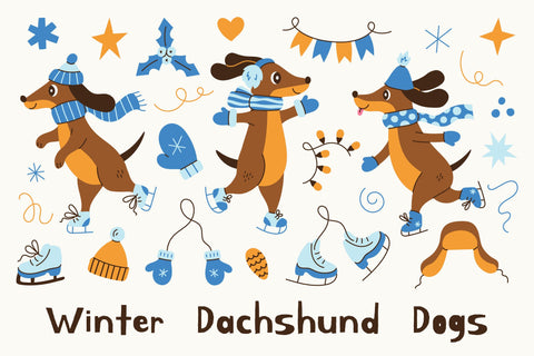 Winter Dachshund Dogs on Ice Skates PNG Clipart Sublimation Rin Green 