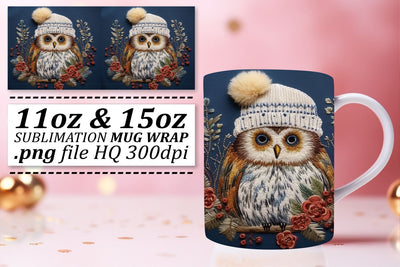 Winter Embroidered Owl Mug Wrap 11oz 15oz Christmas Sublimation afrosvg 