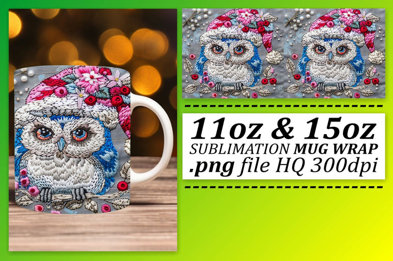 Winter Embroidered Owl Mug Wrap Christmas Design Sublimation afrosvg 