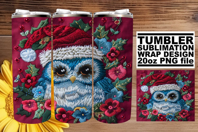 Winter Embroidered Owl Tumbler Wrap Christmas Design Sublimation afrosvg 