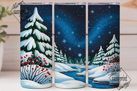 Winter Forest Night Tumbler Wrap PNG Sublimation sassyprint 
