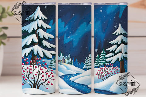 Winter Forest Night Tumbler Wrap PNG Sublimation sassyprint 