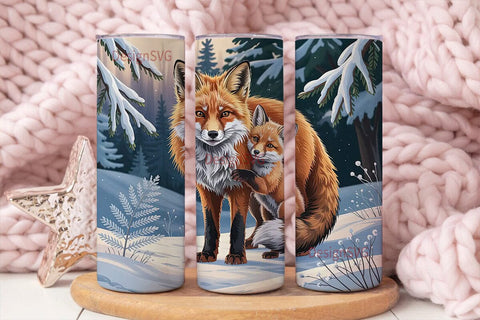 Winter Fox Family 20oz Tumbler Wrap Sublimation DesignSVG 