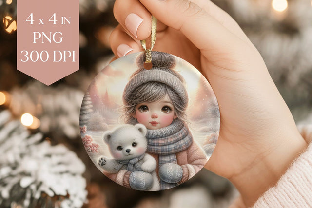 Winter Girl and Polar Bear Ornament PNG Sublimation BijouBay 