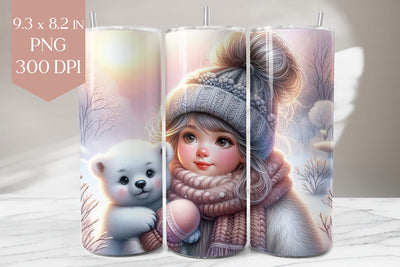 Winter Girl and Polar Bear Tumbler Wrap PNG Sublimation BijouBay 