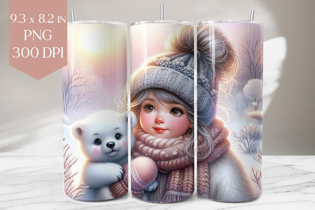 Winter Girl and Polar Bear Tumbler Wrap PNG Sublimation BijouBay 