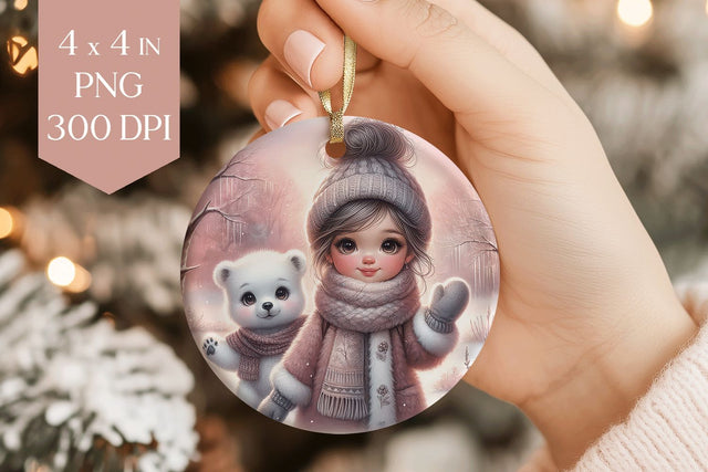 Winter Girl & Bear Ornament PNG Sublimation BijouBay 