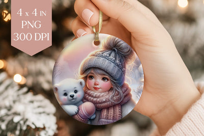 Winter Girl & Polar Bear Ornament PNG Sublimation BijouBay 