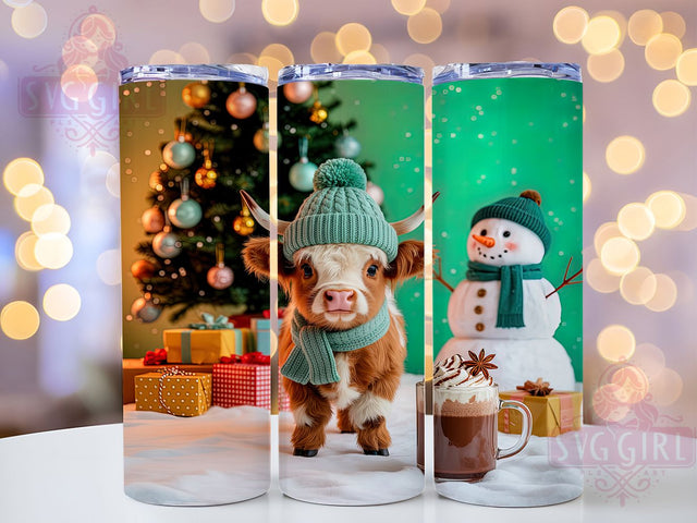 Winter Highland Cow Snowman Tumbler,20oz Skinny Tumbler Wrap,Christmas Puppy,Holiday Tumbler,Snowman Decor,Hot Cocoa,Cute Animal,Gift For Her,Seamless Sublimation SvggirlplusArt 