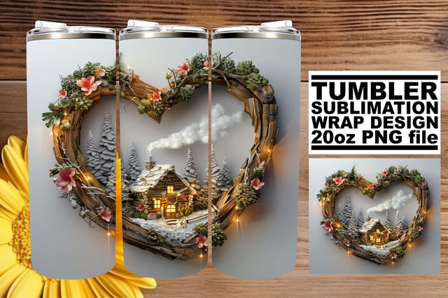 Winter Landscape 3D Heart Frame Tumbler Wrap 20oz Sublimation afrosvg 