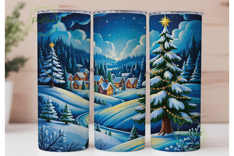 Winter Night Village Tumbler Wrap PNG Sublimation PixelChick 