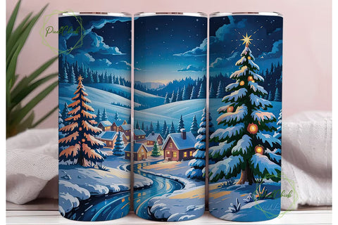 Winter Night Village Tumbler Wrap PNG Sublimation PixelChick 