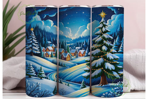 Winter Night Village Tumbler Wrap PNG Sublimation PixelChick 