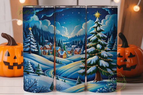 Winter Night Village Tumbler Wrap PNG Sublimation PixelChick 