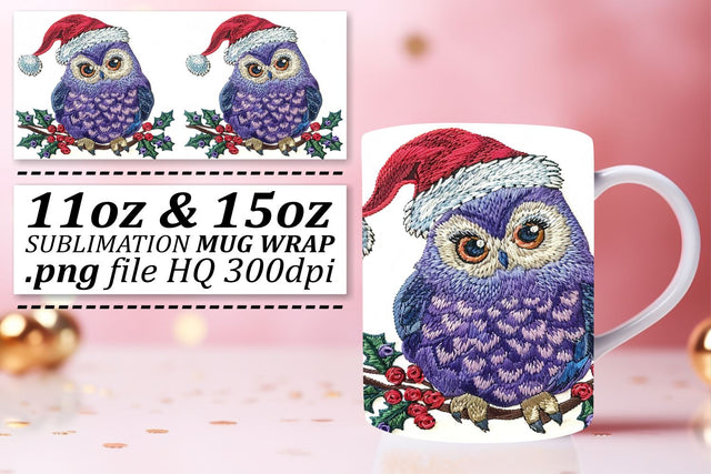 Winter Owl Embroidered Mug Wrap Christmas 11oz 15oz Sublimation afrosvg 