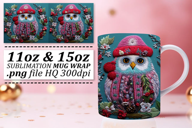 Winter Owl Embroidery Mug Wrap Christmas 11oz 15oz Sublimation afrosvg 