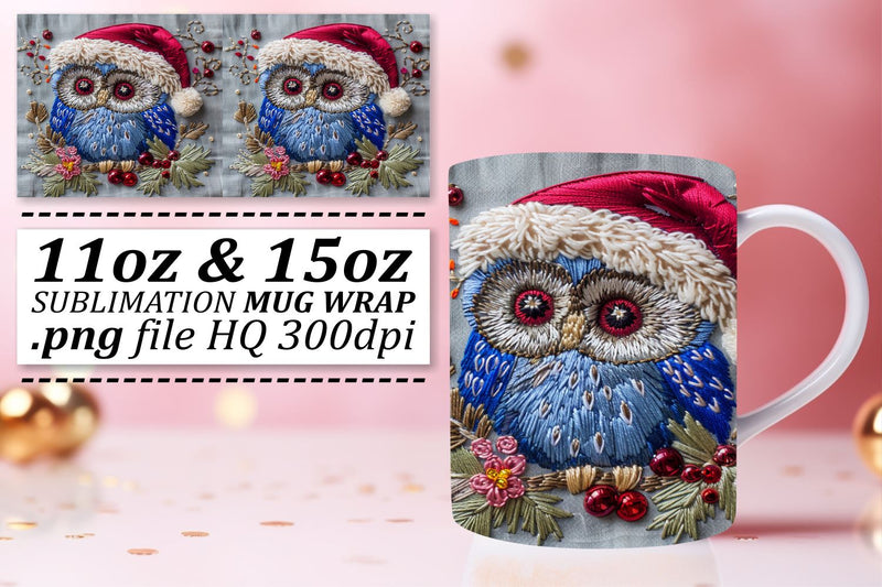 Winter Owl Embroidery Mug Wrap Holiday 11oz 15oz Sublimation afrosvg 