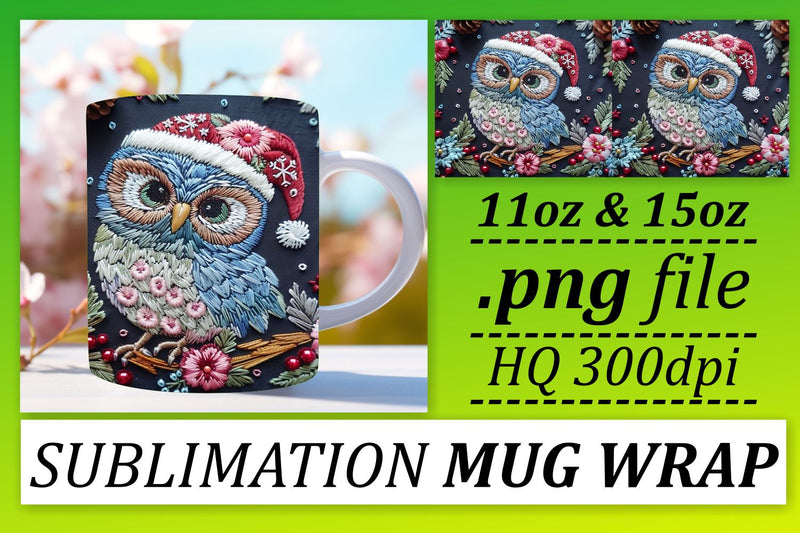 Winter Owl Mug Wrap 11oz 15oz Embroidered Christmas Sublimation afrosvg 