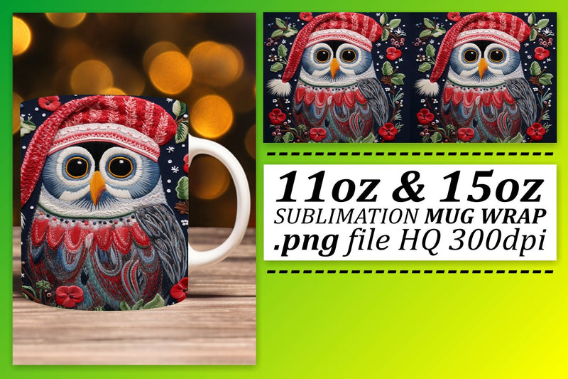 Winter Owl Mug Wrap 11oz 15oz Embroidered Design Sublimation afrosvg 