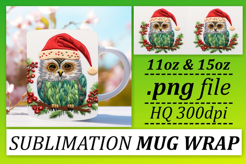Winter Owl Mug Wrap Holiday Embroidery 11oz 15oz Sublimation afrosvg 