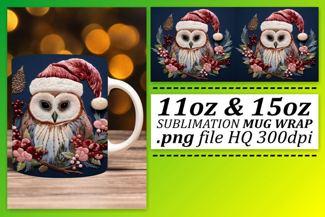 Winter Owl Wrap for 11oz 15oz Mug Christmas Embroidery Sublimation afrosvg 