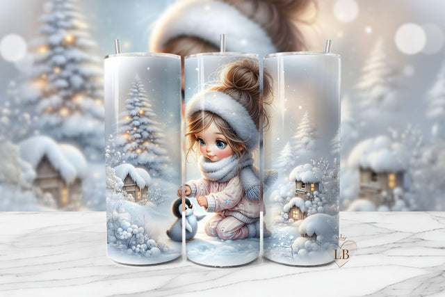 Winter Penguin Girl Snow Tumbler Wrap PNG Sublimation BijouBay 