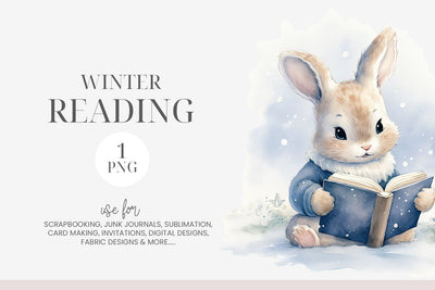 Winter Reading Watercolor Bunny Rabbit PNG Sublimation BijouBay 