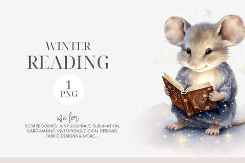 Winter Reading Watercolor Mouse PNG Sublimation BijouBay 