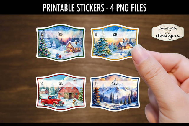 Winter Scene Printable Gift Tag Stickers | Printable Christmas Stickers Sublimation Ewe-N-Me Designs 
