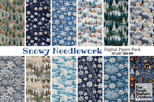 Winter Snow Embroidery Christmas Holiday Stitched Fabric Digital Pattern Fine Purple Elephant Creations 