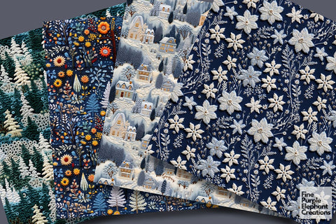 Winter Snow Embroidery Christmas Holiday Stitched Fabric Digital Pattern Fine Purple Elephant Creations 
