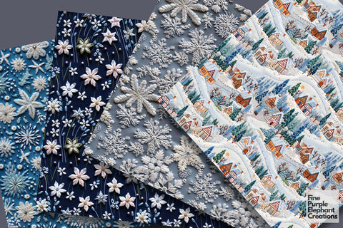 Winter Snow Embroidery Christmas Holiday Stitched Fabric Digital Pattern Fine Purple Elephant Creations 