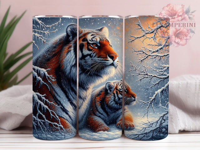 Winter Tiger and Cub Tumbler, Winter Tiger Scene, Snowy Wildlife Art, Mother And Baby Tiger, Winter Forest Design, 20oz Tumbler, Sublimation Design Sublimation Li Zamperini 