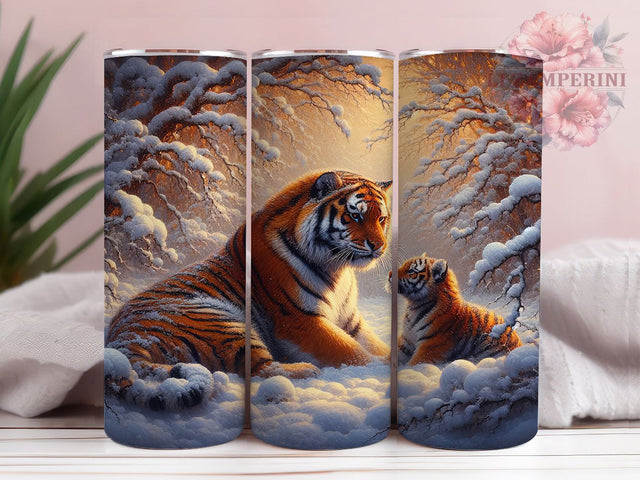 Winter Tiger and Cub Tumbler, Winter Tiger Scene, Snowy Wildlife Art, Mother And Baby Tiger, Winter Forest Design, 20oz Tumbler, Sublimation Design Sublimation Li Zamperini 