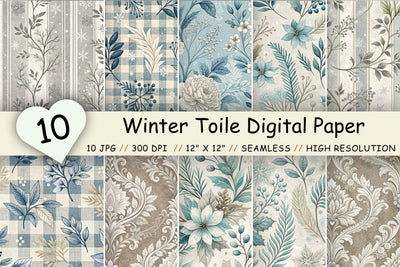 Winter Toile Digital Paper Pack, Vintage Floral Toile, Gingham & Stripe Seamless Patterns, Wedding, Scrapbooking & Printable Crafts Digital Pattern FloridPrintables 