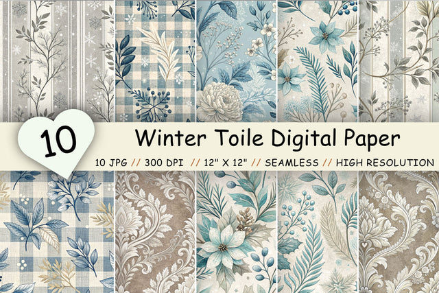 Winter Toile Digital Paper Pack, Vintage Floral Toile, Gingham & Stripe Seamless Patterns, Wedding, Scrapbooking & Printable Crafts Digital Pattern FloridPrintables 