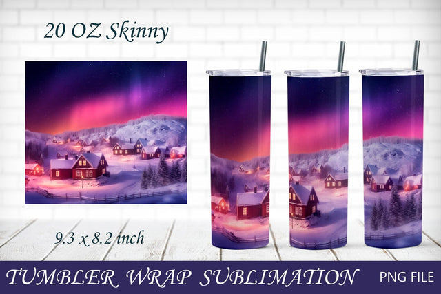 Winter tumbler wrap with village and northern lights, Christmas sublimation Sublimation AnastasiyaArtDesign 